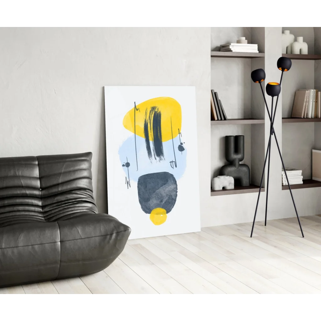Bold yellow blue glass wall art with black accents on white wall