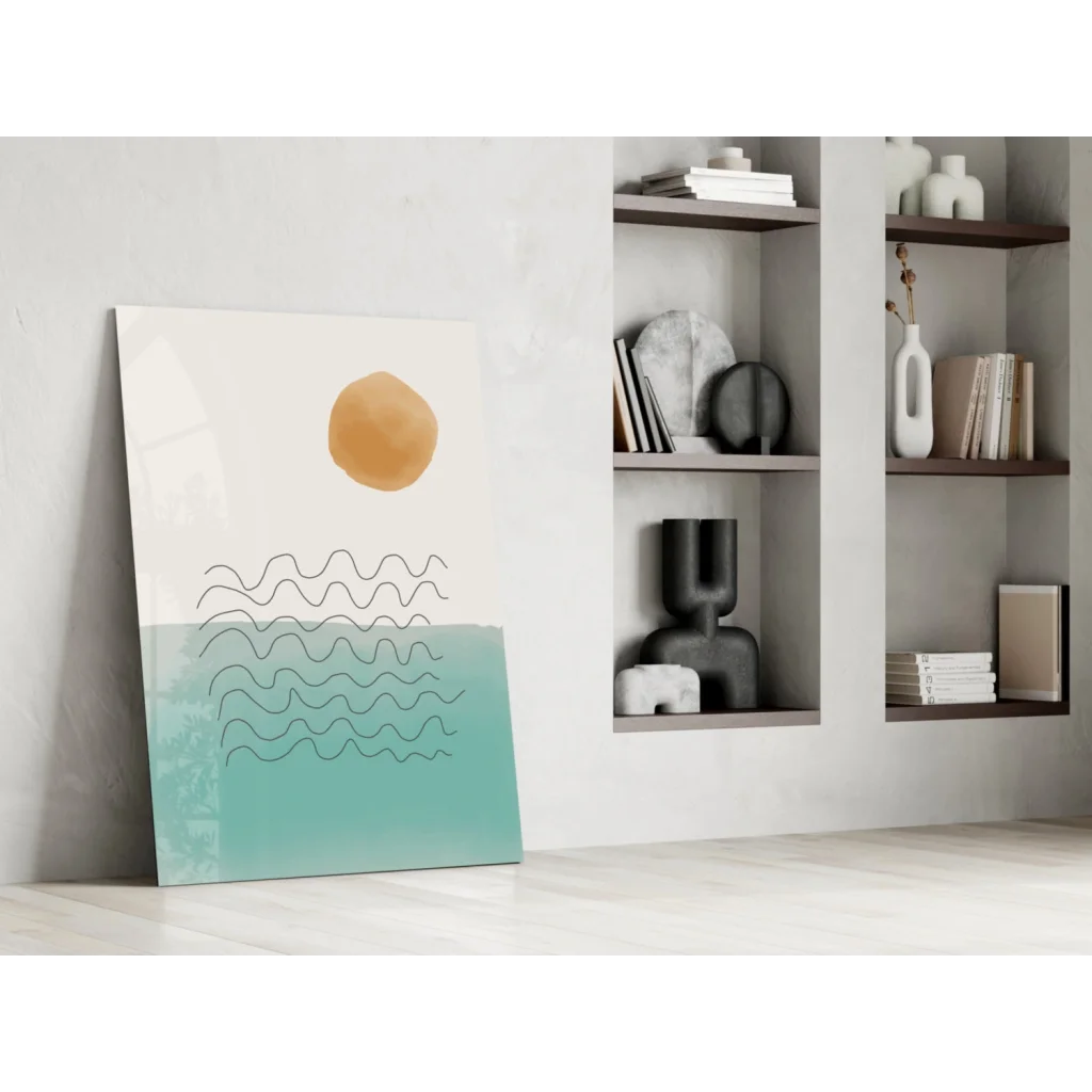 Modern minimalist glass wall art with teal sun and wave design