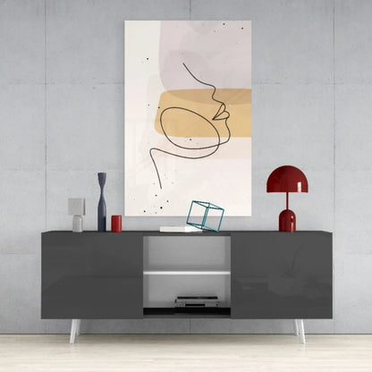 Golden minimalist face line art canvas wall art with black drawing on beige shapes