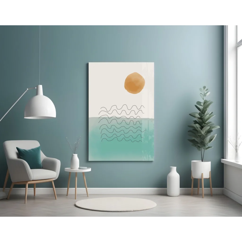 Minimalist amber circle over teal cream waves in stunning glass wall art