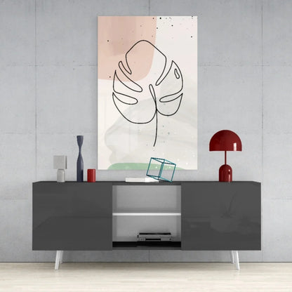 Minimalist monstera leaf wall art in soft peach cream green pastels