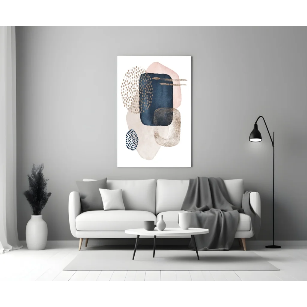 Navy Blush Abstract Canvas Wall Art with Textured Gold Dots | Modern Wall Art Decor | vintageantiquesgifts.com