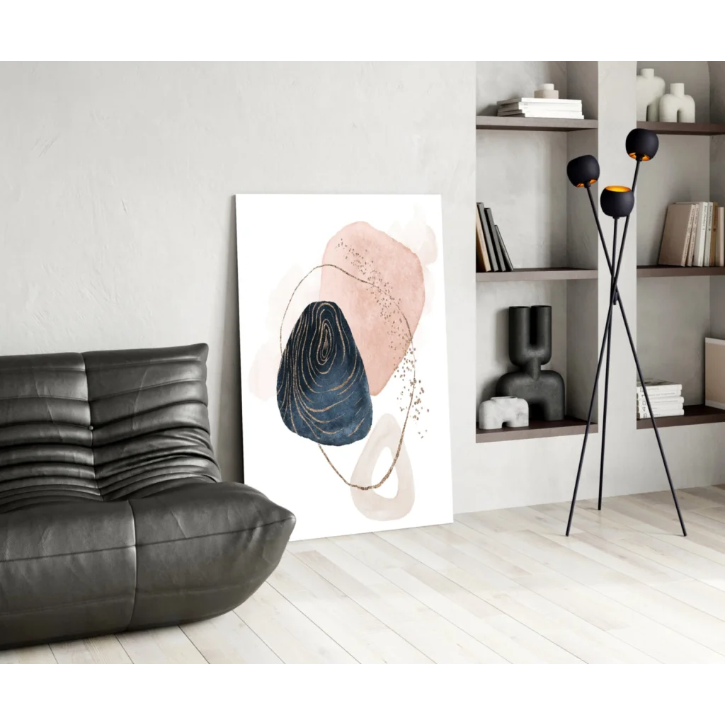 Modern navy blue and blush pink abstract wall art canvas with gold accents