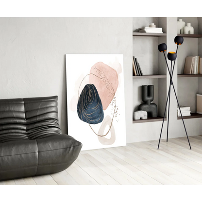 Modern navy blue and blush pink abstract wall art canvas with gold accents