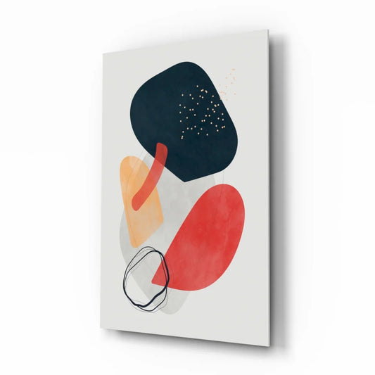 Bold abstract glass wall art with vibrant organic shapes in black, coral red, and peach on white