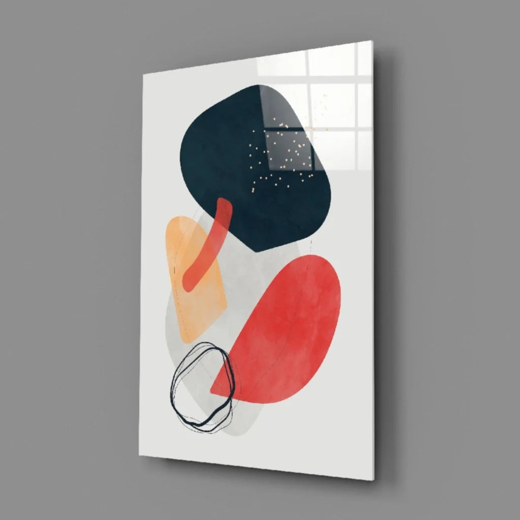 Modern bold abstract glass wall art with red orange black shapes