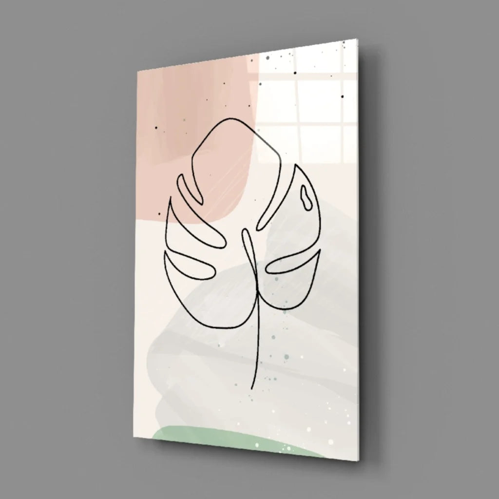 Minimalist monstera leaf line drawing on pastel watercolor glass wall art