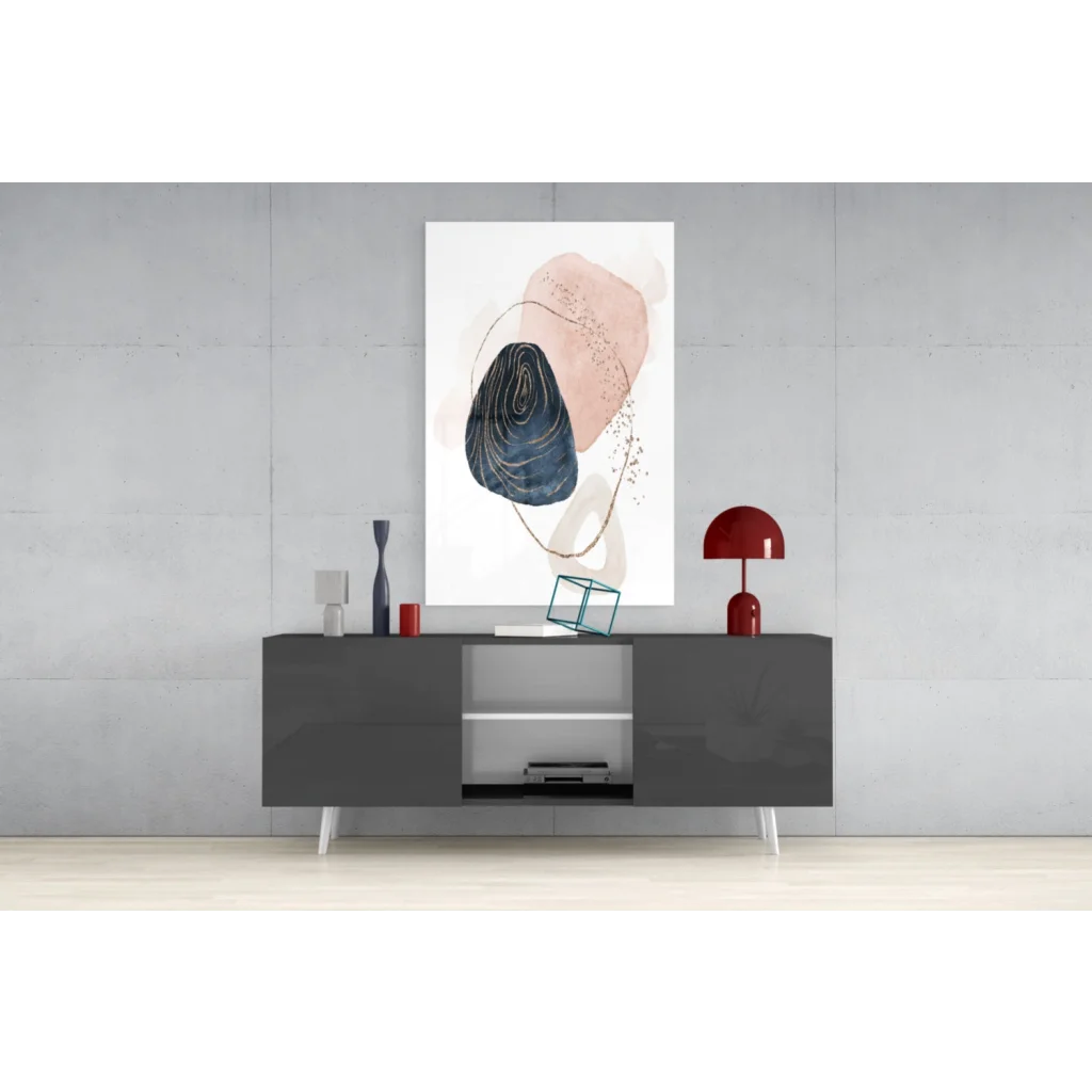 Abstract navy blue and blush pink wall art canvas with gold accents