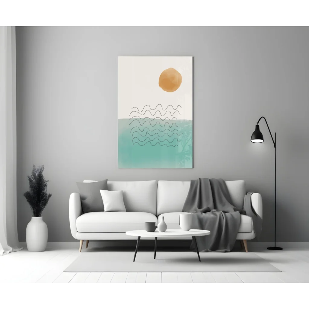 Minimalist golden sun glass wall art over teal cream waves