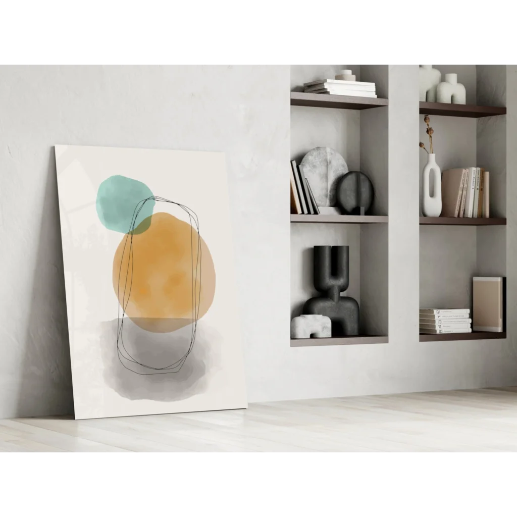 Modern teal and orange watercolor circle glass wall art on white background