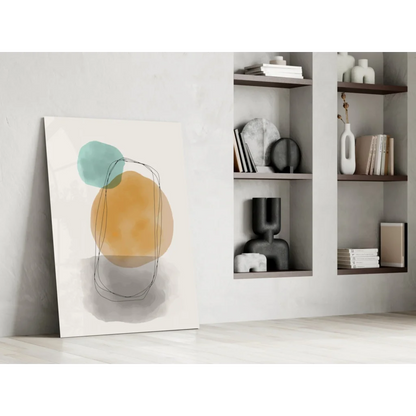 Modern teal and orange watercolor circle glass wall art on white background