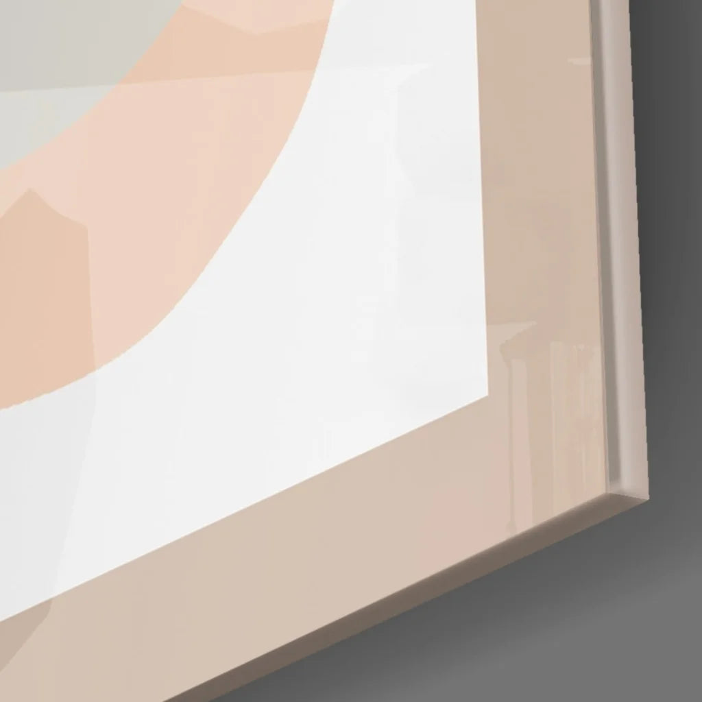 Beige-framed pastel abstract wall art print with peach and white geometric shapes