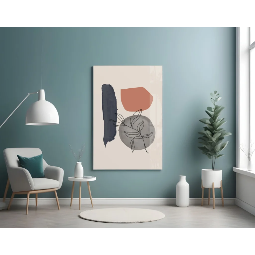 Bold geometric wall art canvas with black, terracotta, gray shapes and foliage