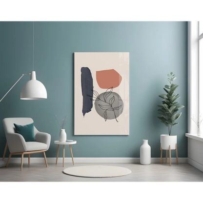 Bold geometric wall art canvas with black, terracotta, gray shapes and foliage