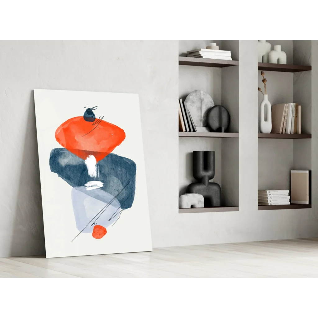 Bold orange and navy abstract glass wall art on acrylic panel