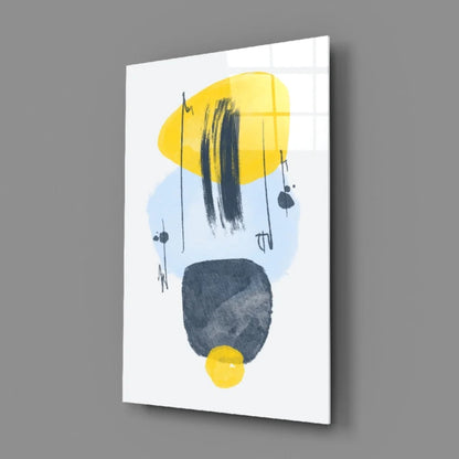 Bold yellow black abstract glass wall art panel with brushstrokes