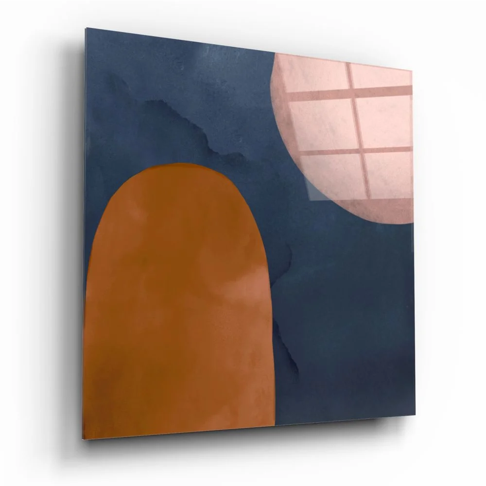 Bold geometric tempered glass art in navy, amber, and blush pink