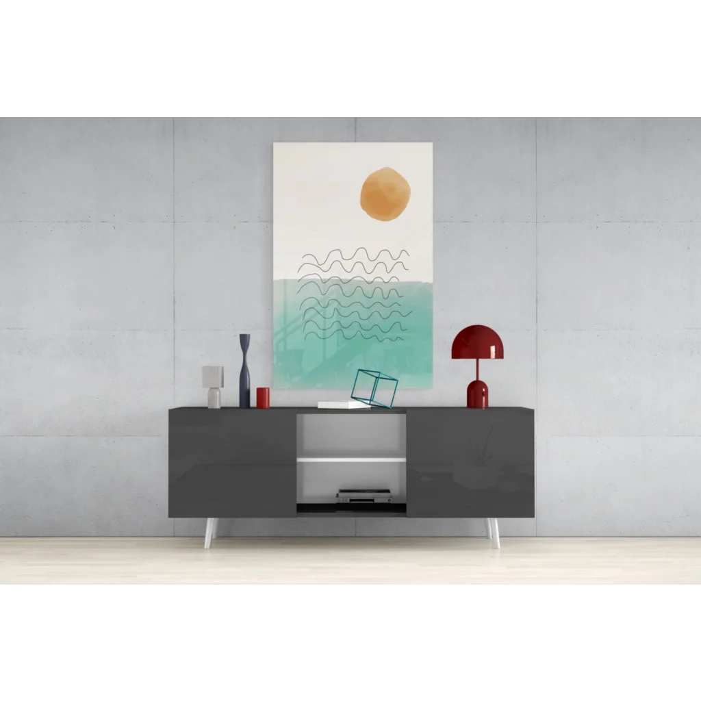 Modern gray sideboard with glossy finish, white legs, open shelving, closed cabinets