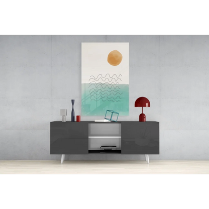 Modern gray sideboard with glossy finish, white legs, open shelving, closed cabinets