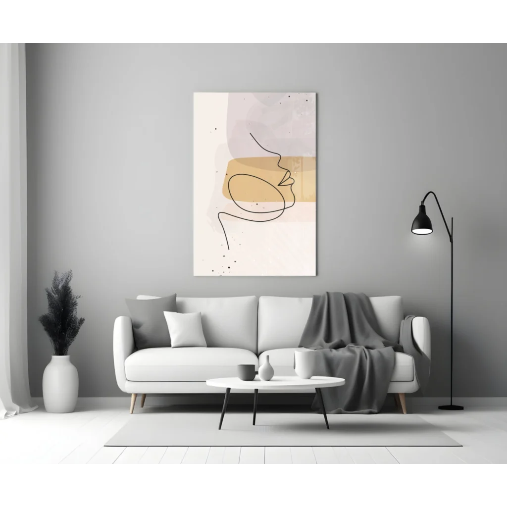 Minimalist black line face on beige gold geometric wall art canvas