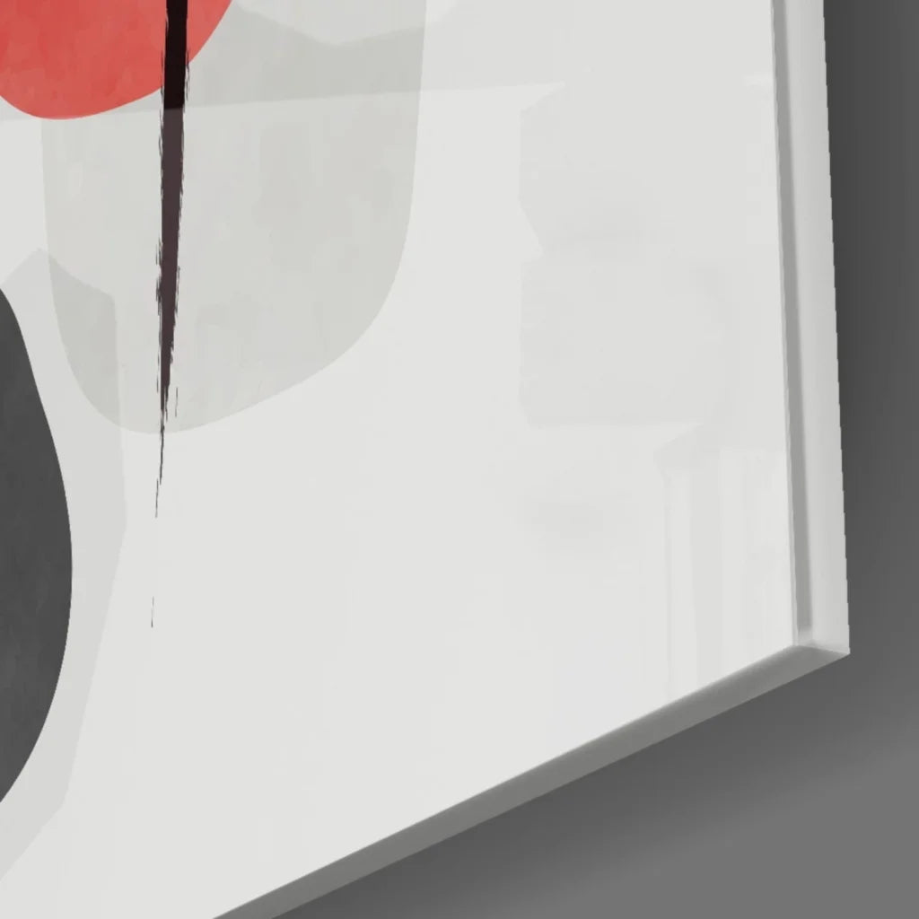 Modern red black abstract glass wall art print in sleek white frame