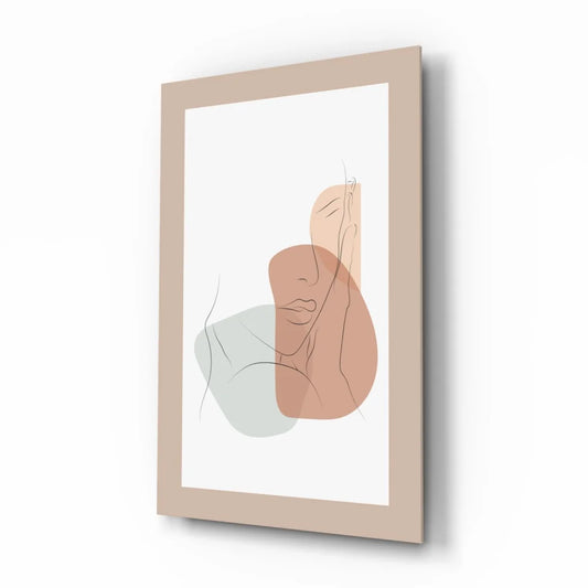 Peach and green abstract face wall art print in beige frame