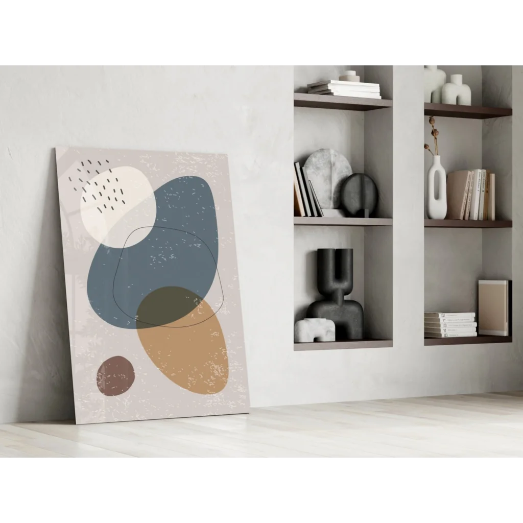 Modern glass wall art: abstract geometric shapes in muted blue, beige, brown on textured background