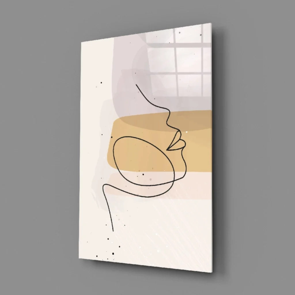 Golden minimalist face line art canvas wall art with black profile on beige gold shapes