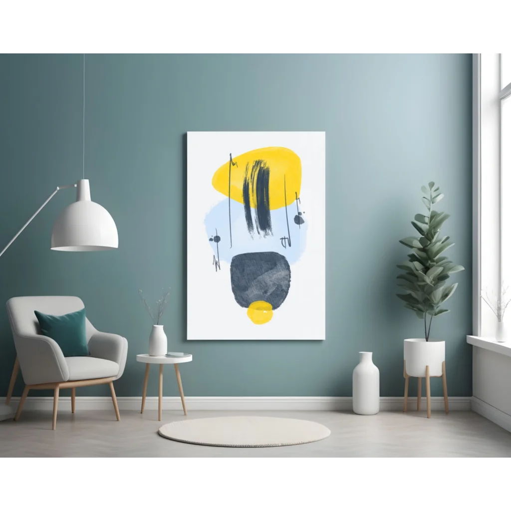 Bold abstract glass wall art with yellow, black, and blue brushstrokes