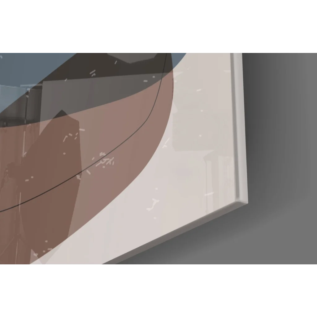 Minimalist glass wall art print with curved brown and white shapes in off-white frame