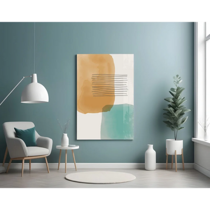 Stunning teal and amber abstract wall art canvas with mustard yellow watercolor wash and black lines