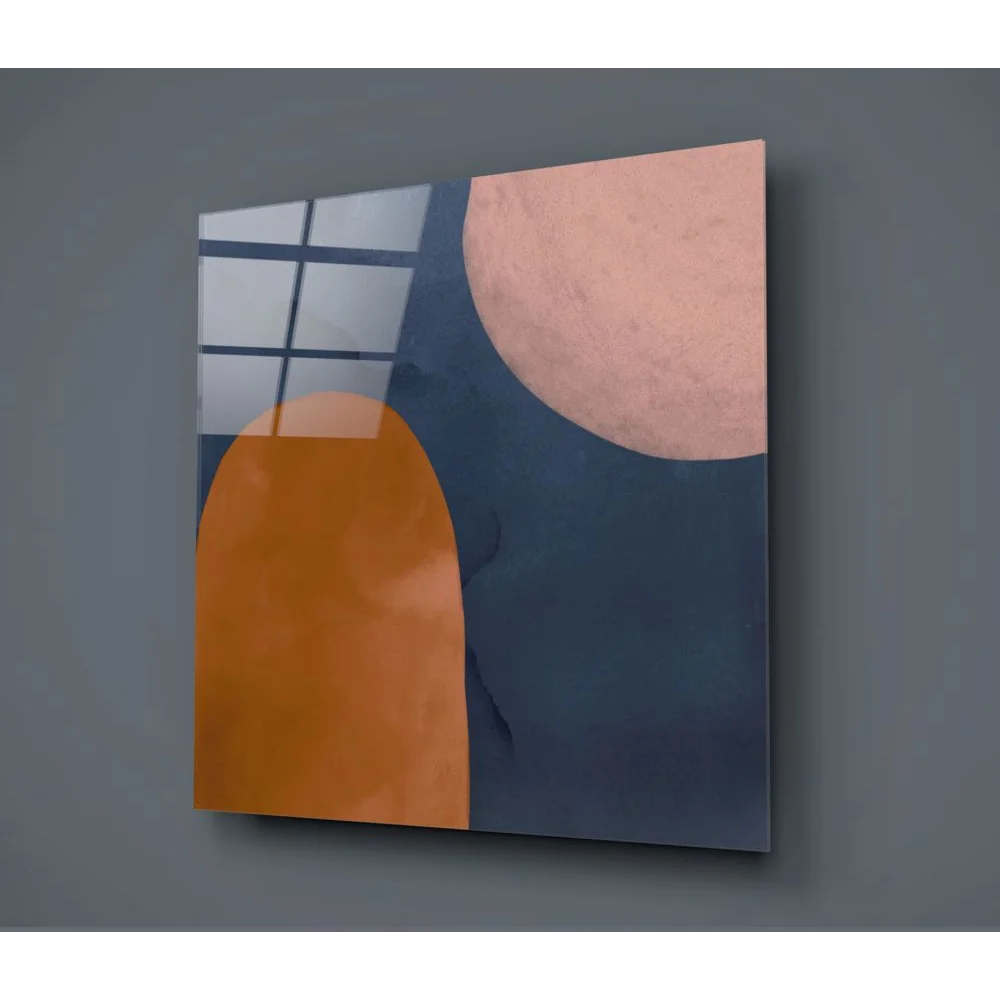 Bold geometric tempered glass art in orange, peach, navy