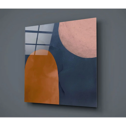 Bold geometric tempered glass art in orange, peach, navy