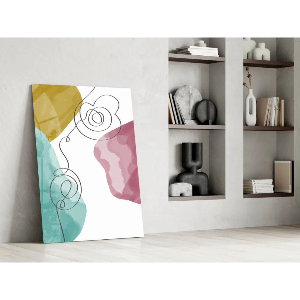 Bold geometric watercolor wall art canvas in mustard, teal, rose