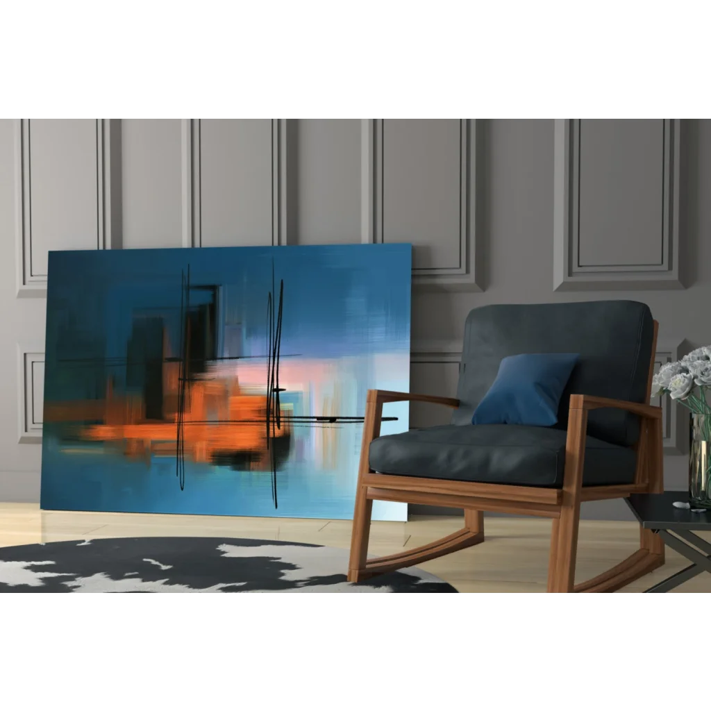Abstract glass wall art with bold blue, orange, black brushstrokes
