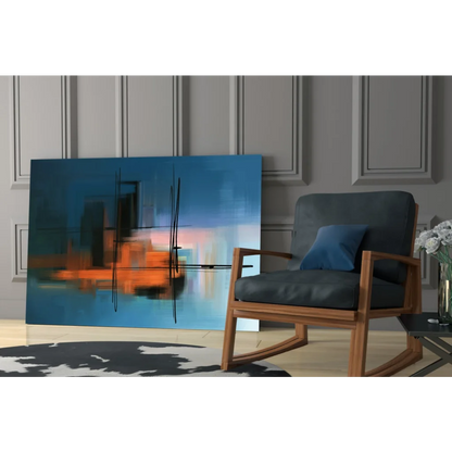 Abstract glass wall art with bold blue, orange, black brushstrokes