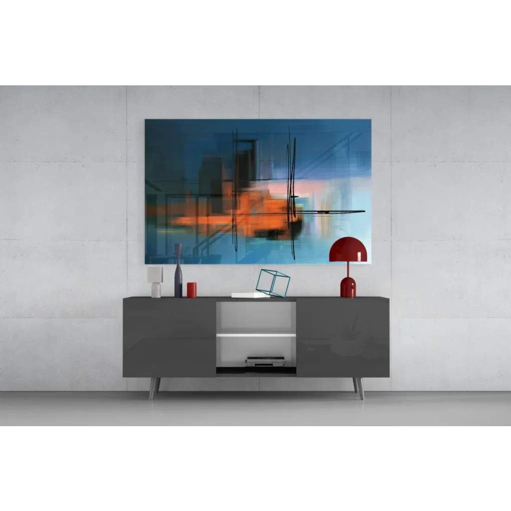 Abstract glass wall art with bold blue, orange hues and black geometric lines
