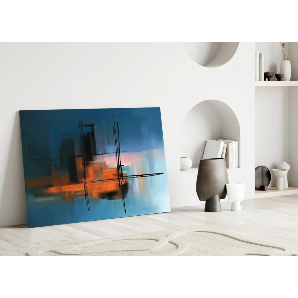 Abstract blue orange glass wall art with black lines in white room