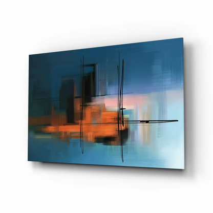 Abstract blue orange glass wall art with bold black lines