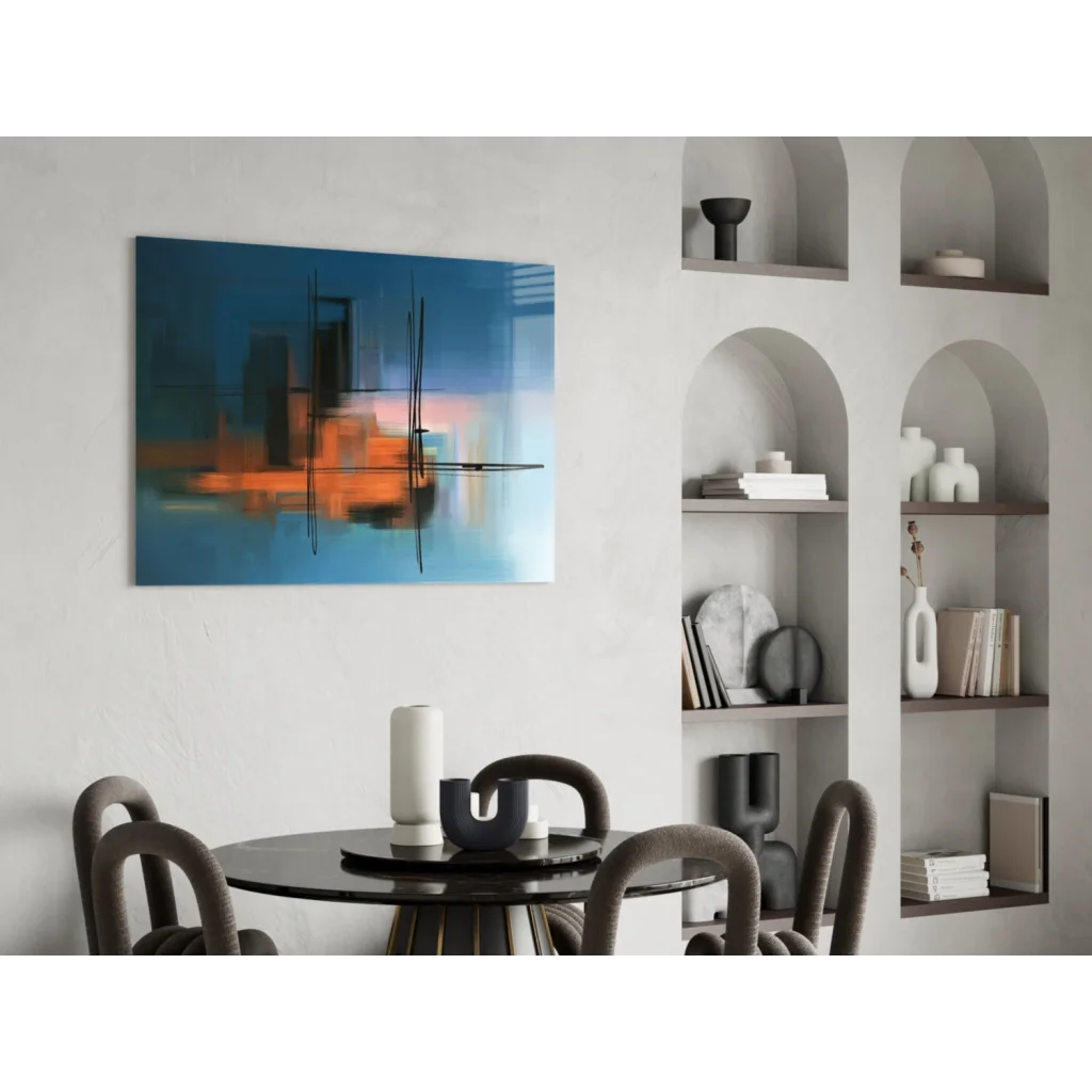 Abstract blue orange glass wall art with black geometric lines