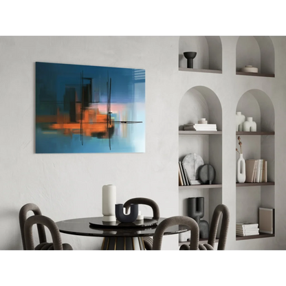 Abstract blue orange glass wall art with black geometric lines