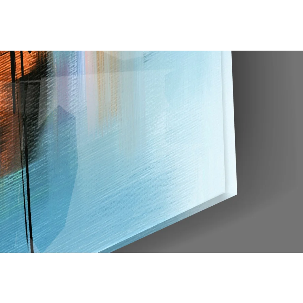 Abstract glass wall art panel in blue and orange hues