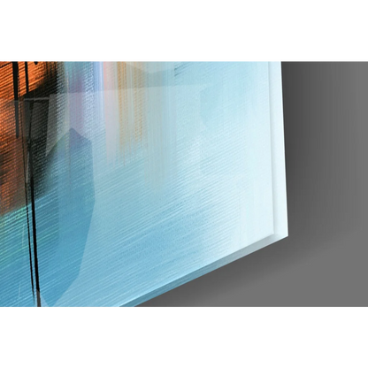 Abstract glass wall art panel in blue and orange hues