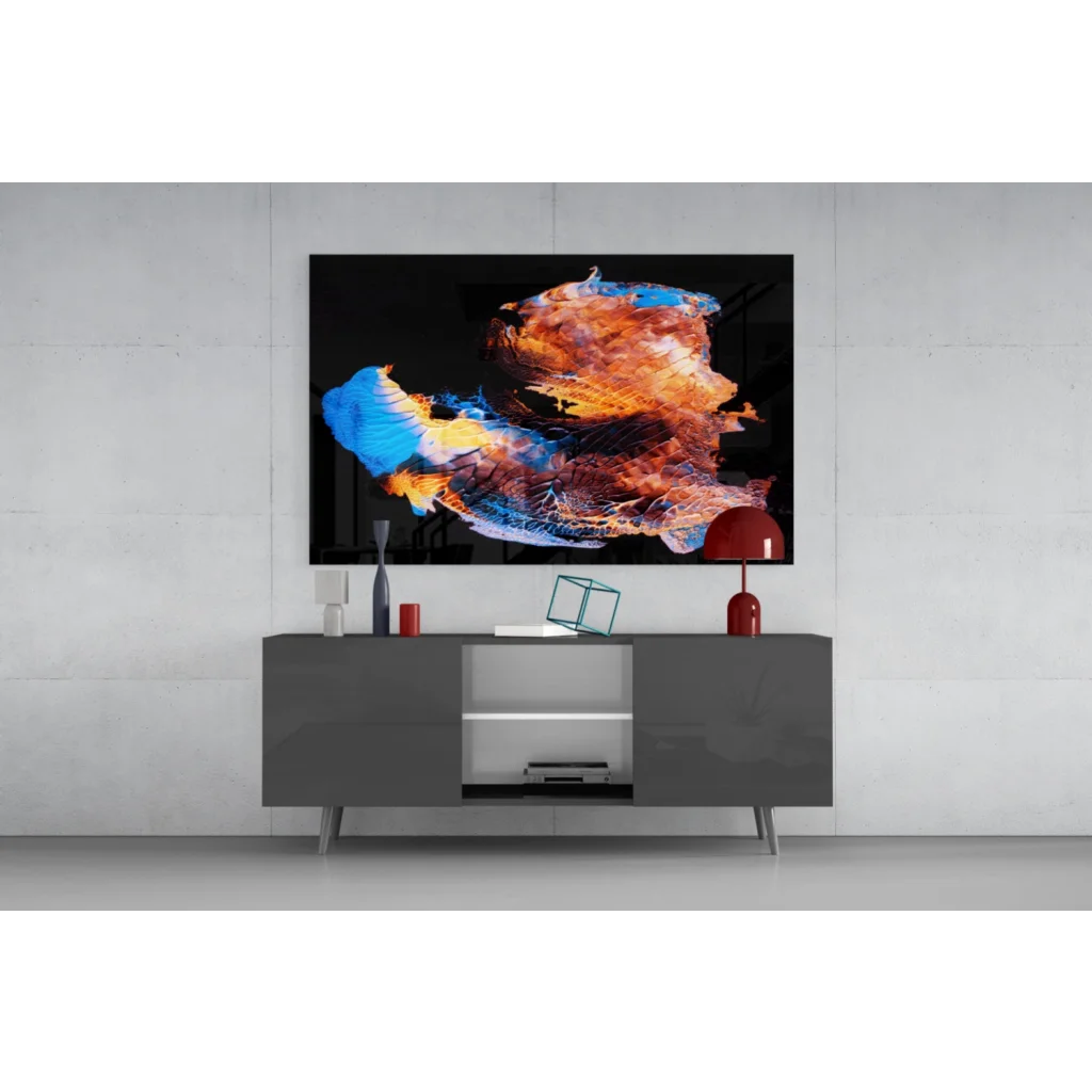 Sleek gray media console under swirling fire and ice wall art