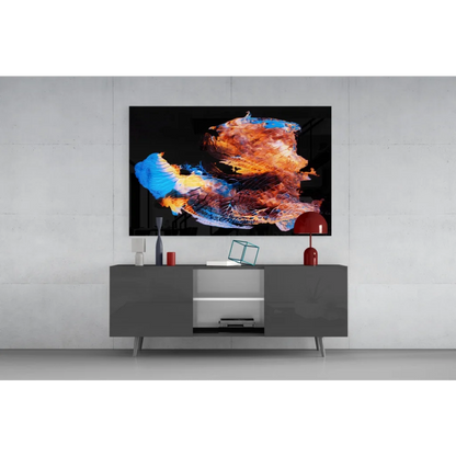 Sleek gray media console under swirling fire and ice wall art
