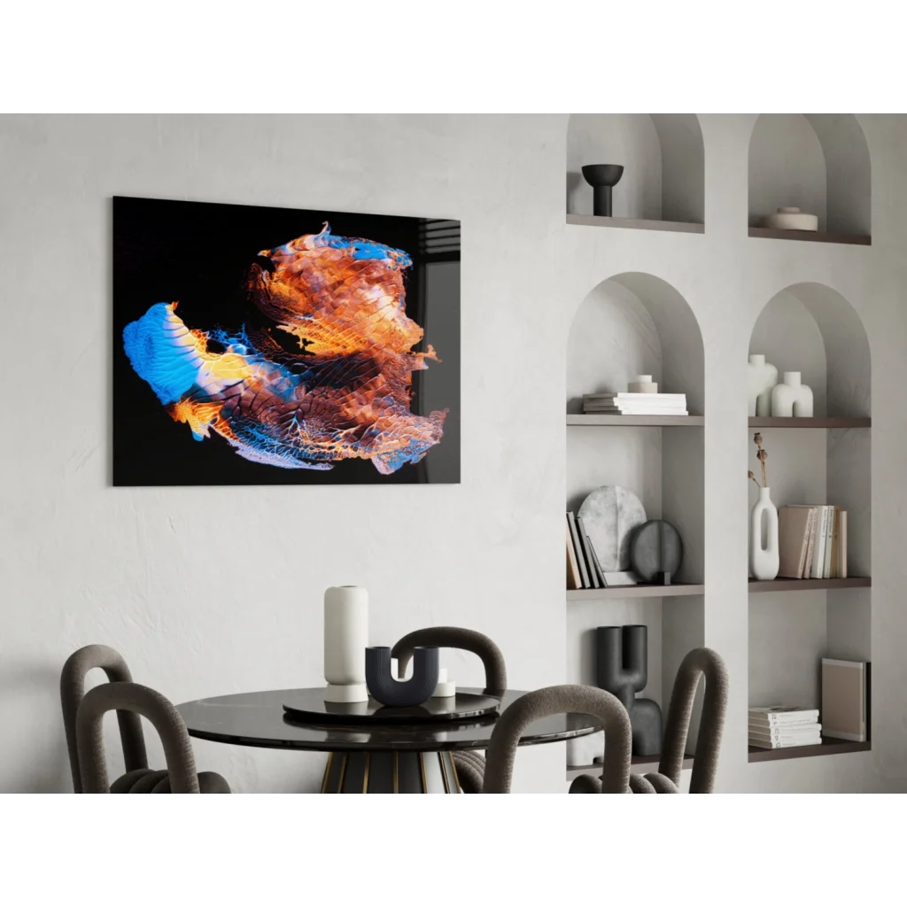 Swirling Fire and Ice abstract wall art on glossy black canvas
