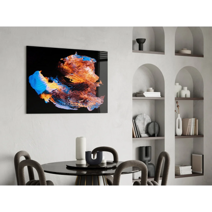Swirling Fire and Ice abstract wall art on glossy black canvas