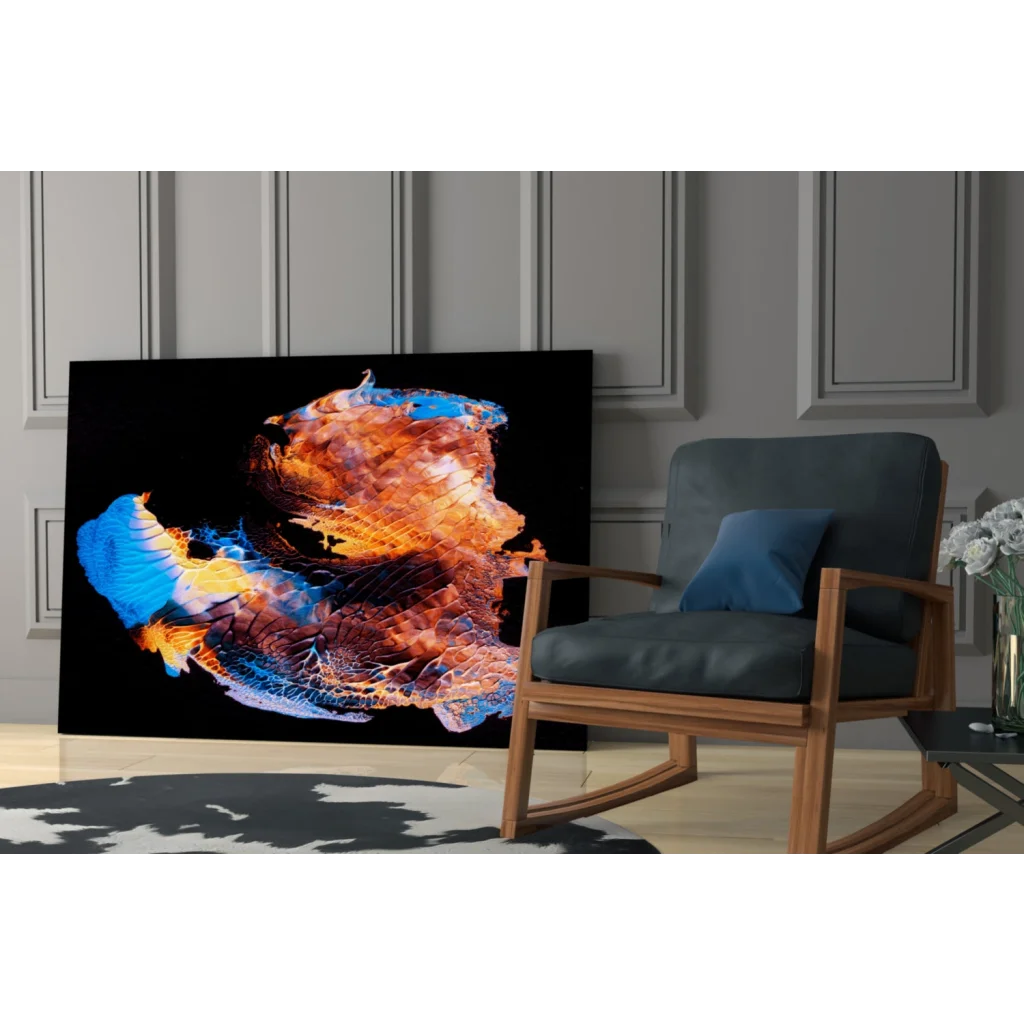 Vibrant swirling fire and ice abstract canvas wall art in orange, blue, gold on black