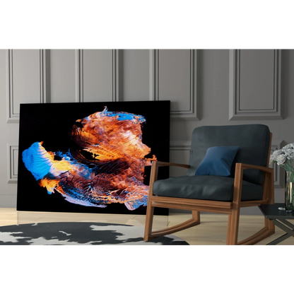 Vibrant swirling fire and ice abstract canvas wall art in orange, blue, gold on black