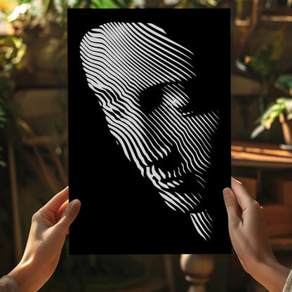 Stylized white fingerprint face on black insigne aluminum print for home decor
